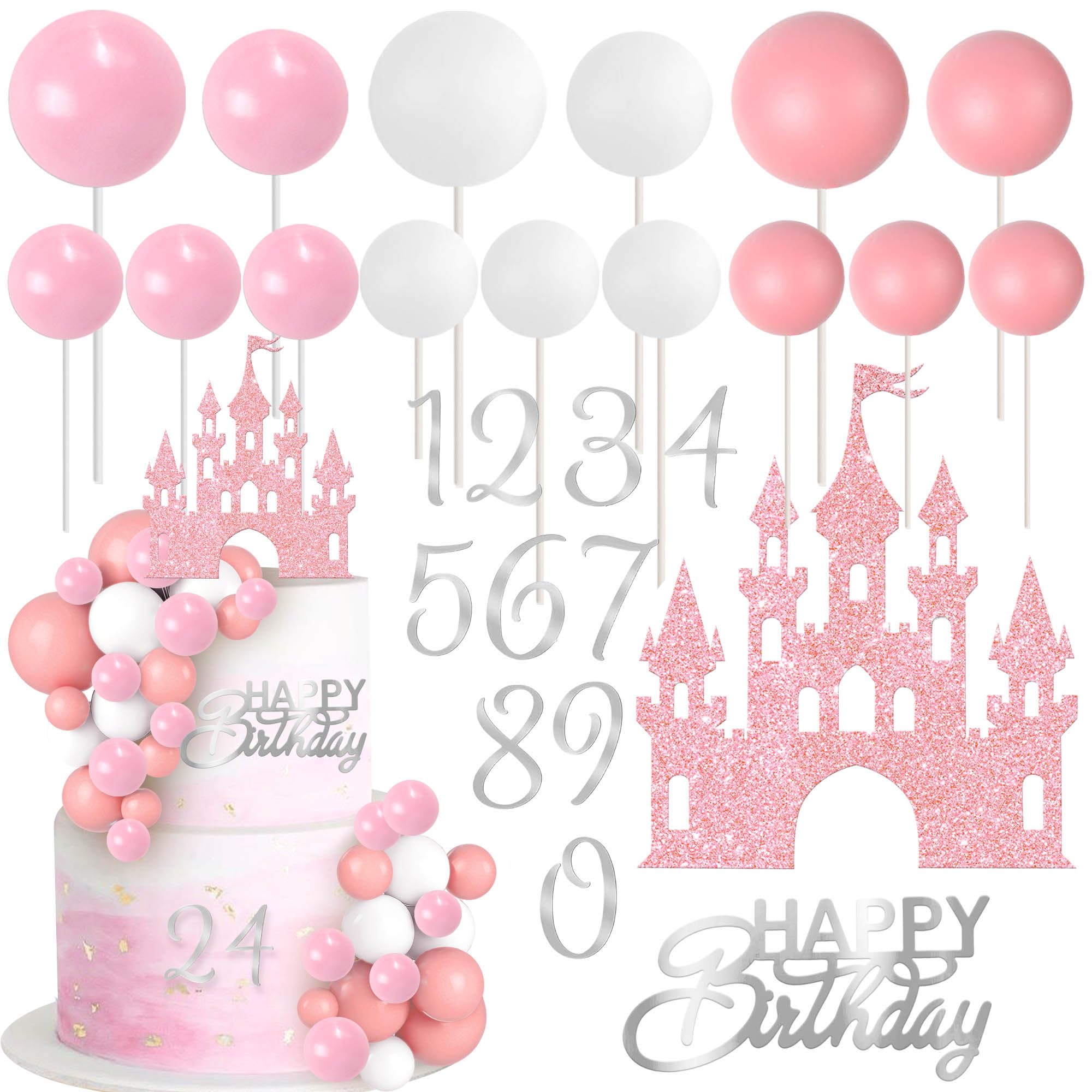 SYKYCTCY 36 Pack Balls Cake Toppers Castle Cake Picks Mini Balloon Foam Princess DIY Acrylic 0-9 Numbers Cake Decorations for Baby Shower Kids Boys Girls Happy Birthday Theme Party Supplies