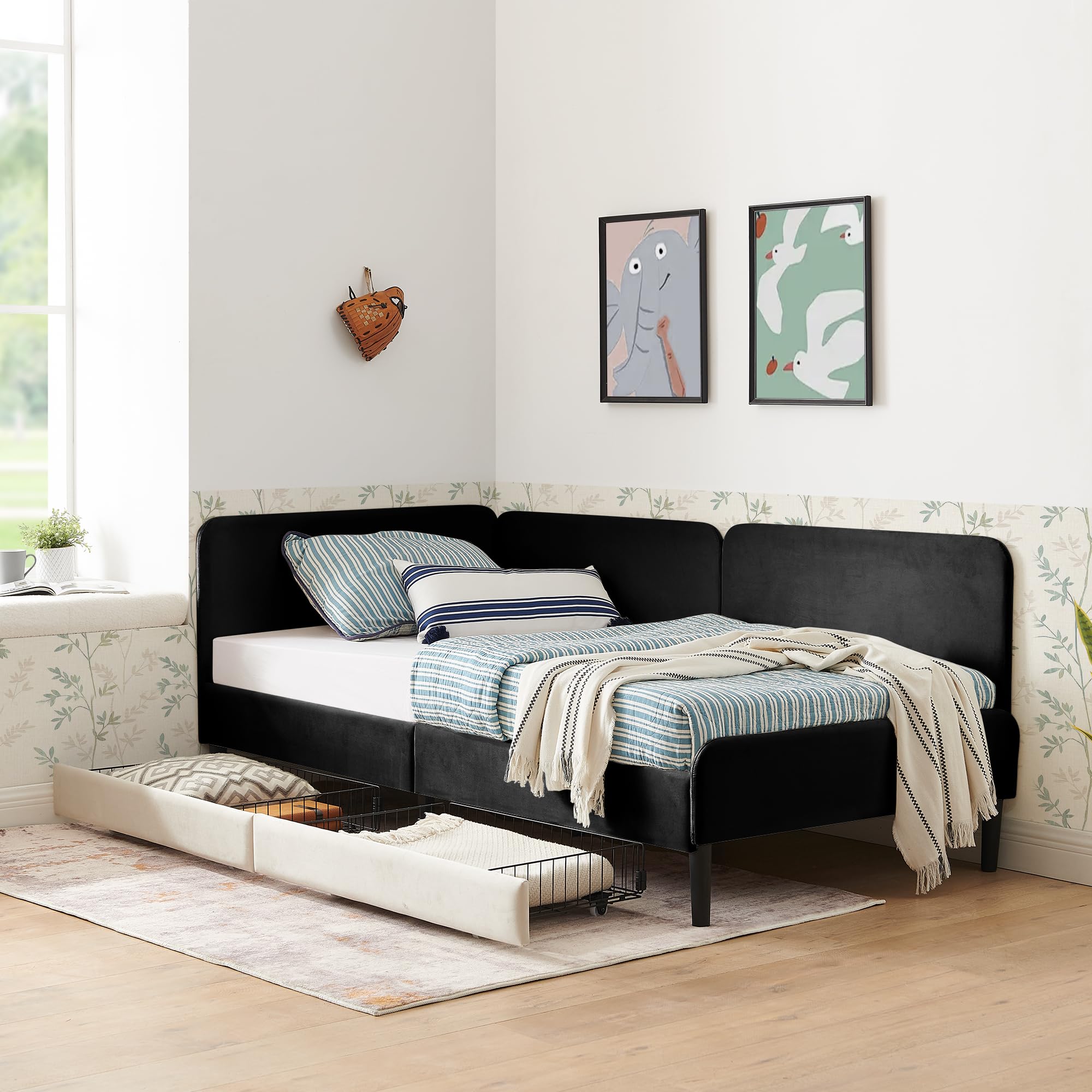 Photo 1 of Ball & Cast Twin Size Daybed with 2 Storage Drawers, Velvet Day Bed Frame with Head Board & Slats Support,L Shaped Corner Sofa Bed for Living Room,Bedroom,Black