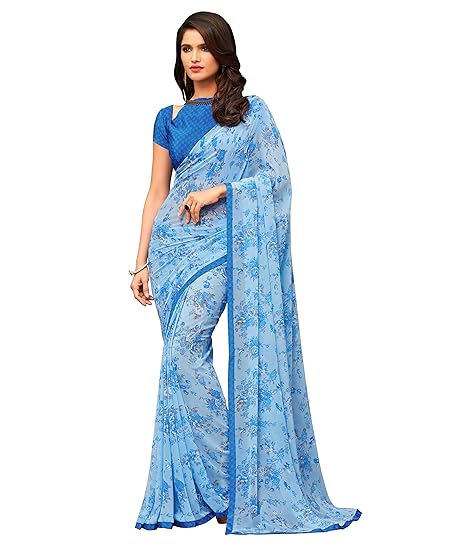 Womens Georgette Printed Saree with Satin Border and Satin Georgette Blouse Material (RKRUGL2505A, Blue)