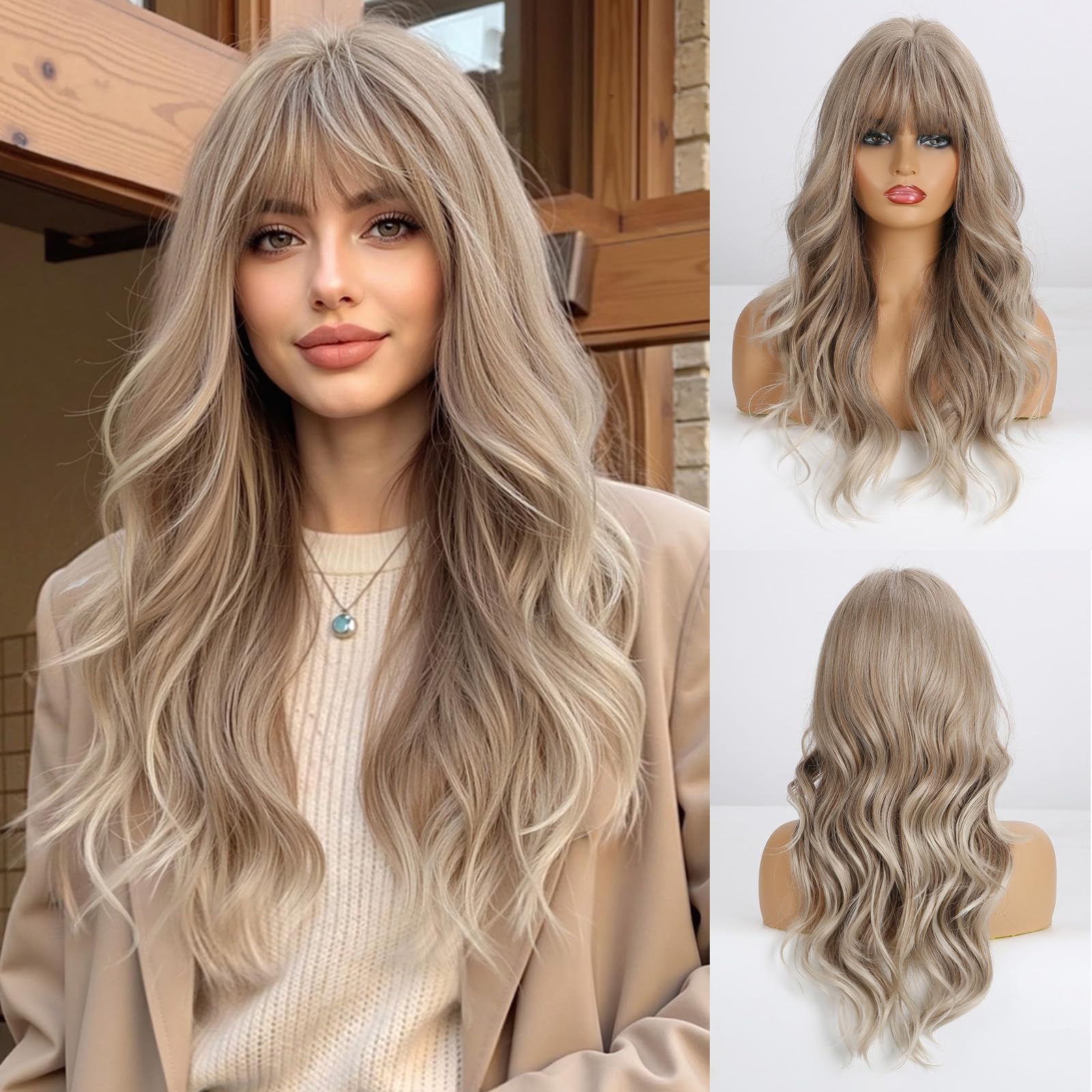 Esmee Highlight Brown Blonde Ash Gray Long Wigs Heat Resistant Synthetic Cosplay Wavy Wigs With Bangs for Women