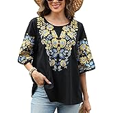 Higustar Summer Women's Embroidered Tops Mexican Boho Fiesta Blouses Bohemian Peasant Tunic Embroidery Shirts