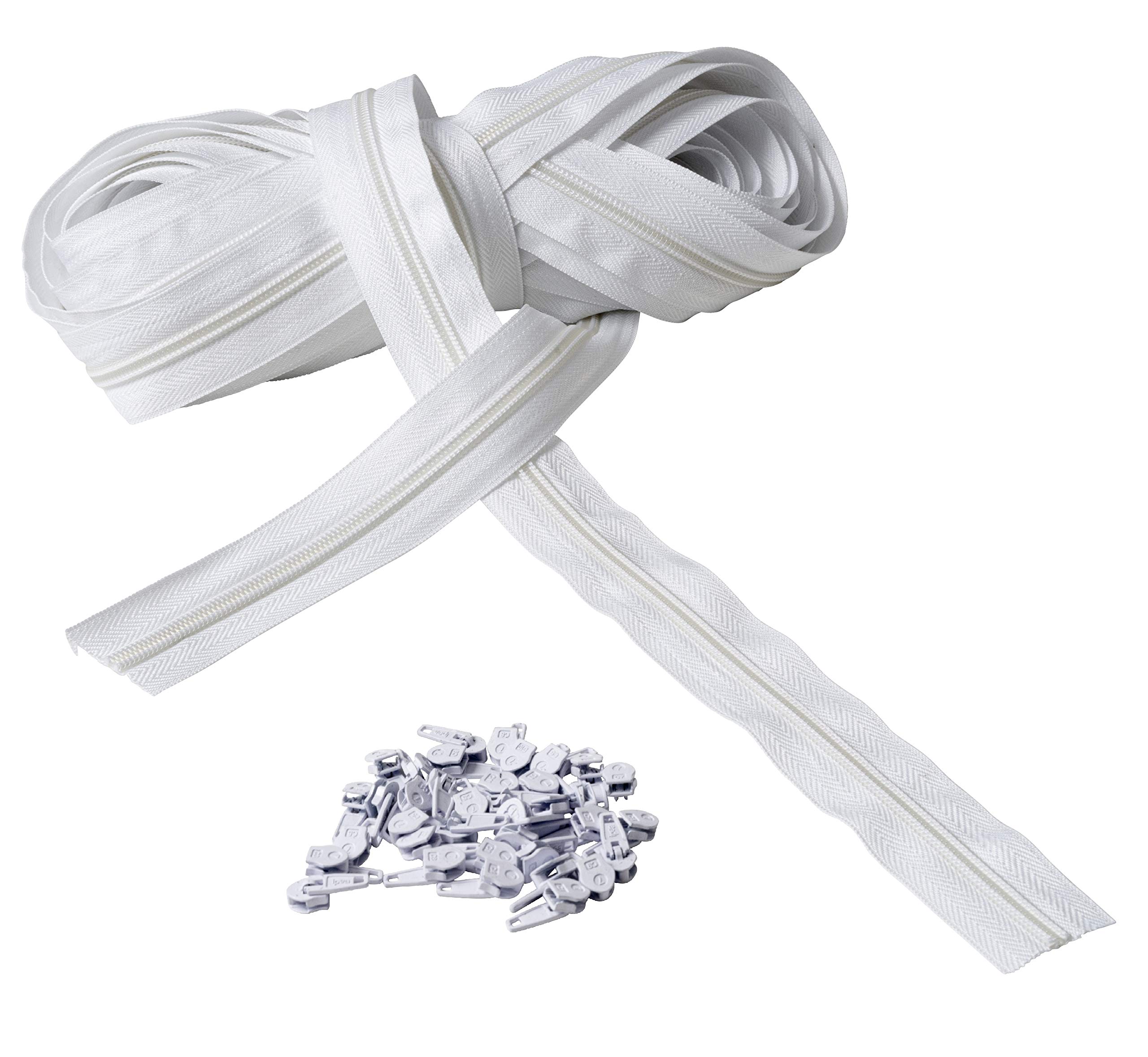 Zippers Measure 5# Continuous Chain - 10 Meters - Nylon Rope + 25 Sliders Included - Zip for Sewing, Clothes, Accessories, Home - Colour White - Width 30 mm, BS090184/01