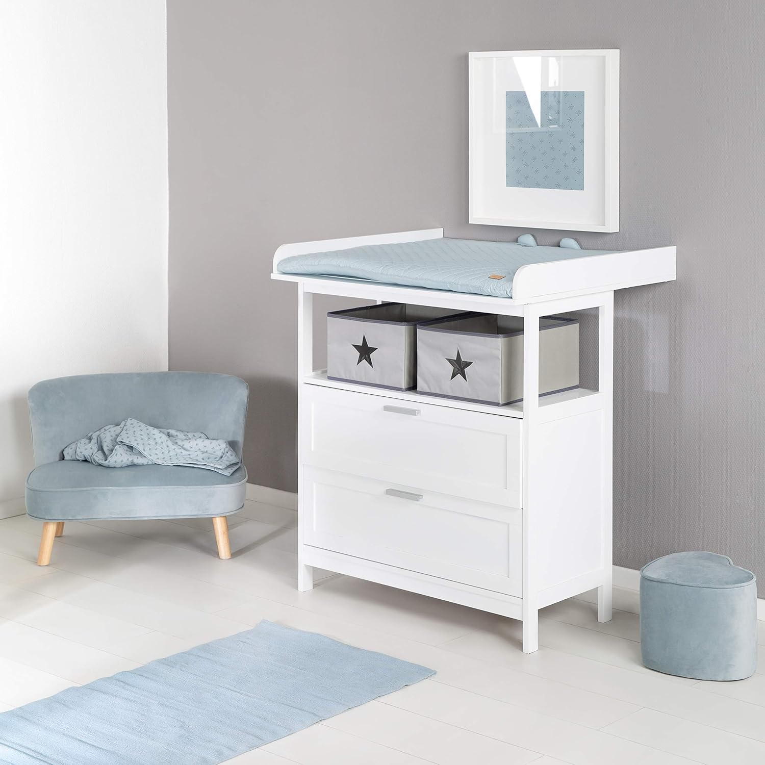 roba Wickelkommode Hamburg mit Wickelansatz, 2 Schubladen, 2 Canvas Boxen und Wandbefestigung, Wickeltisch mit Wickelaufsatz, als Kommode verwendbar, Wickelhöhe 92 cm
