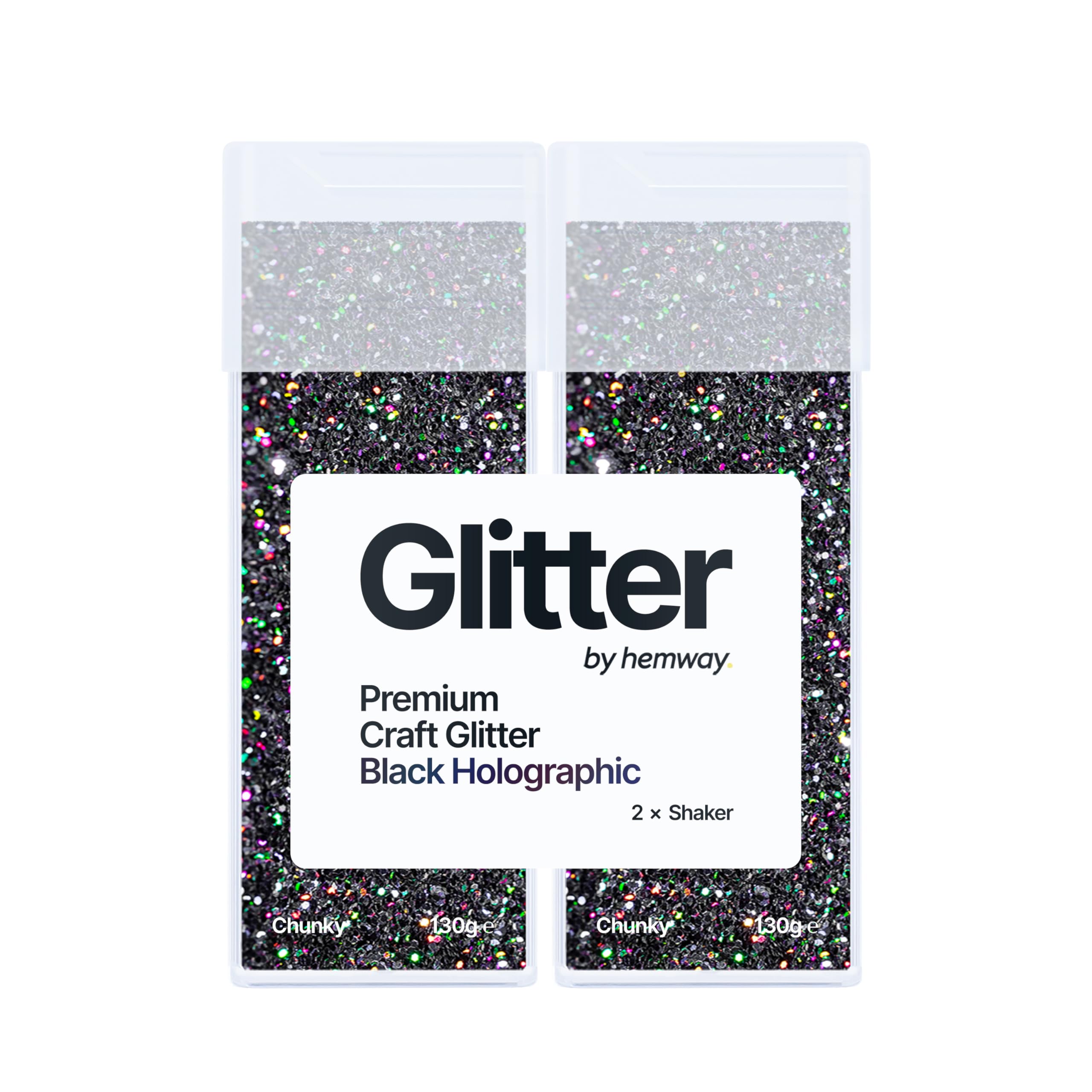 Hemway Glitter Shaker Black Holographic 130g x2 Pack Chunky, Craft Glitter Shakers for Resin & Epoxy Crafts, Christmas Art Supplies, Nail, Body, Face, Eye, Festival, Crafting, Slime, Sparkle