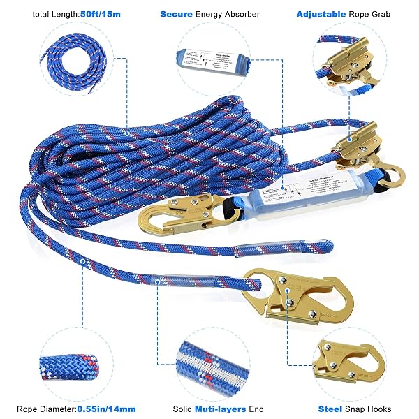50FT VERTICAL LIFELINE ASSEMBLY，FALL PROTECTION ROPE WITH TWO ROPE GRAB SNAP HOOKS, SHOCK ABSORBER，SAFETY CLIMBING EQUIPMENT ROOFING SAFETY KIT, CE ANSI