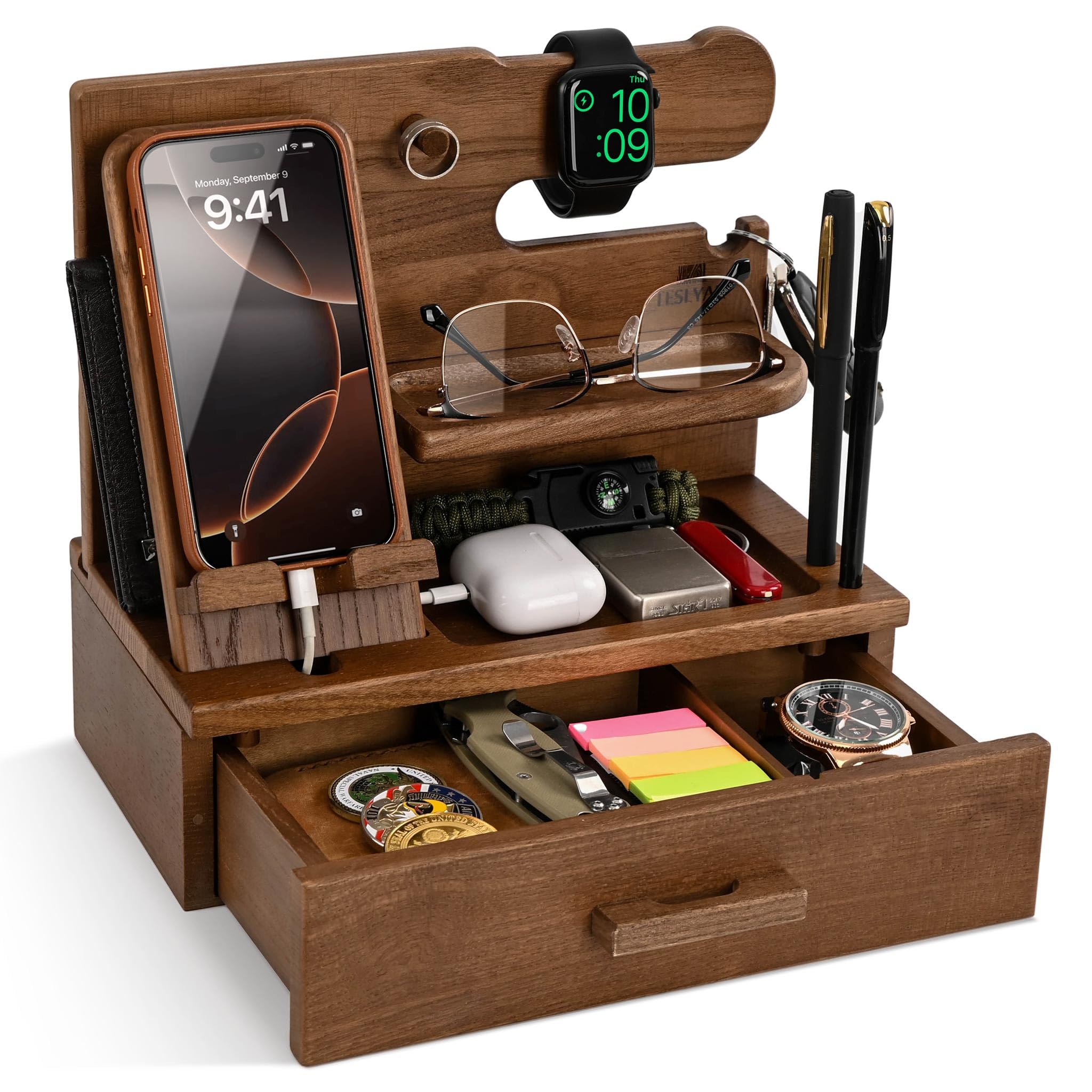 Photo 1 of TESLYAR Wood Phone Docking Station with Drawer - Nightstand Organizer - Desk Organizer for Husband - Birthday Gifts for Men, Dad, Anniversary Idea, Key Holder Stand Watch & Accessories (Desert Beige)