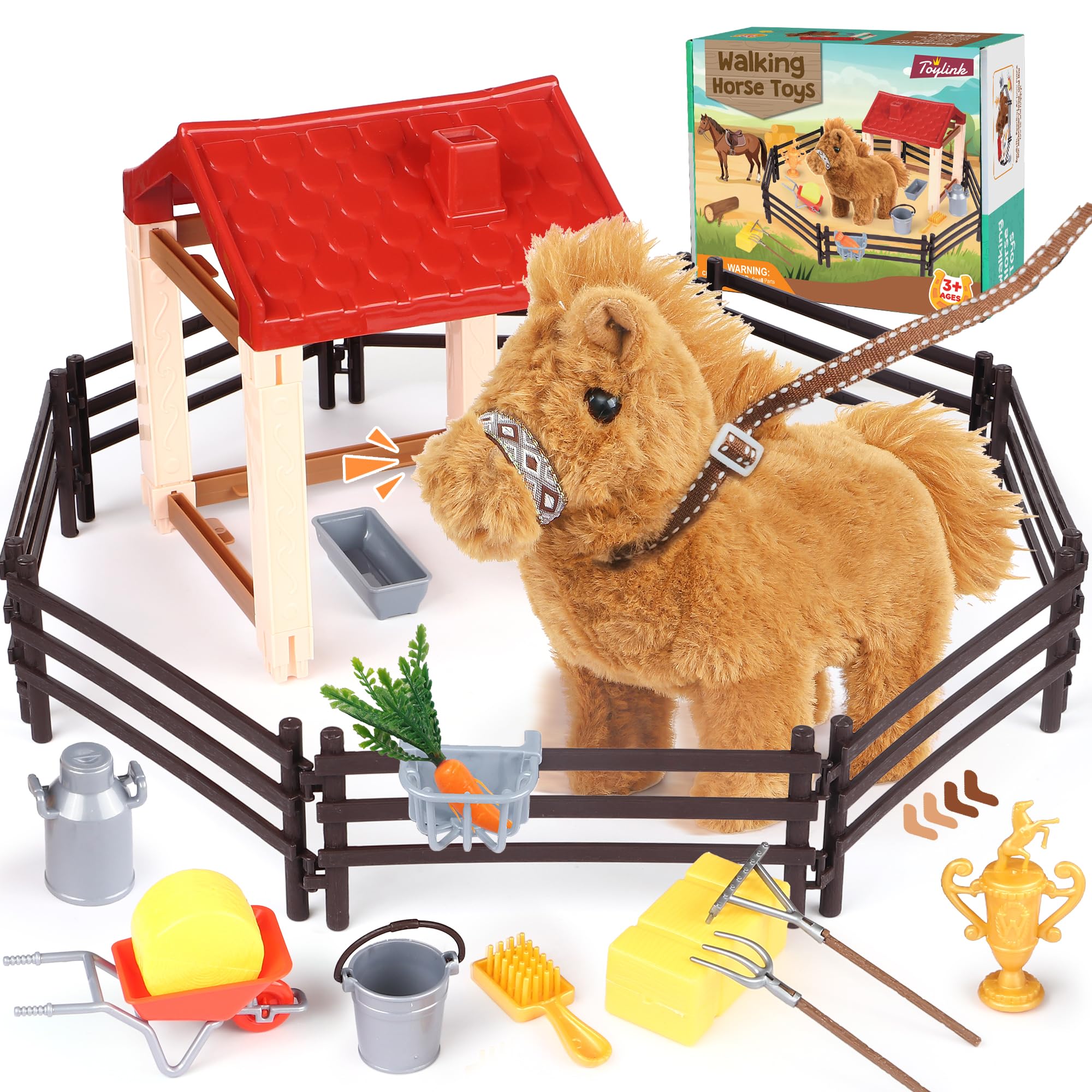 Tacobear Walking Horse Toy for Kids Aged 3-8, Interactive Plush Pony with Fence & Stable Playset, Electronic Pet Makes Sounds & Wags Tail, Pretend Play Toys Birthday Farm Gift for Boys Girls