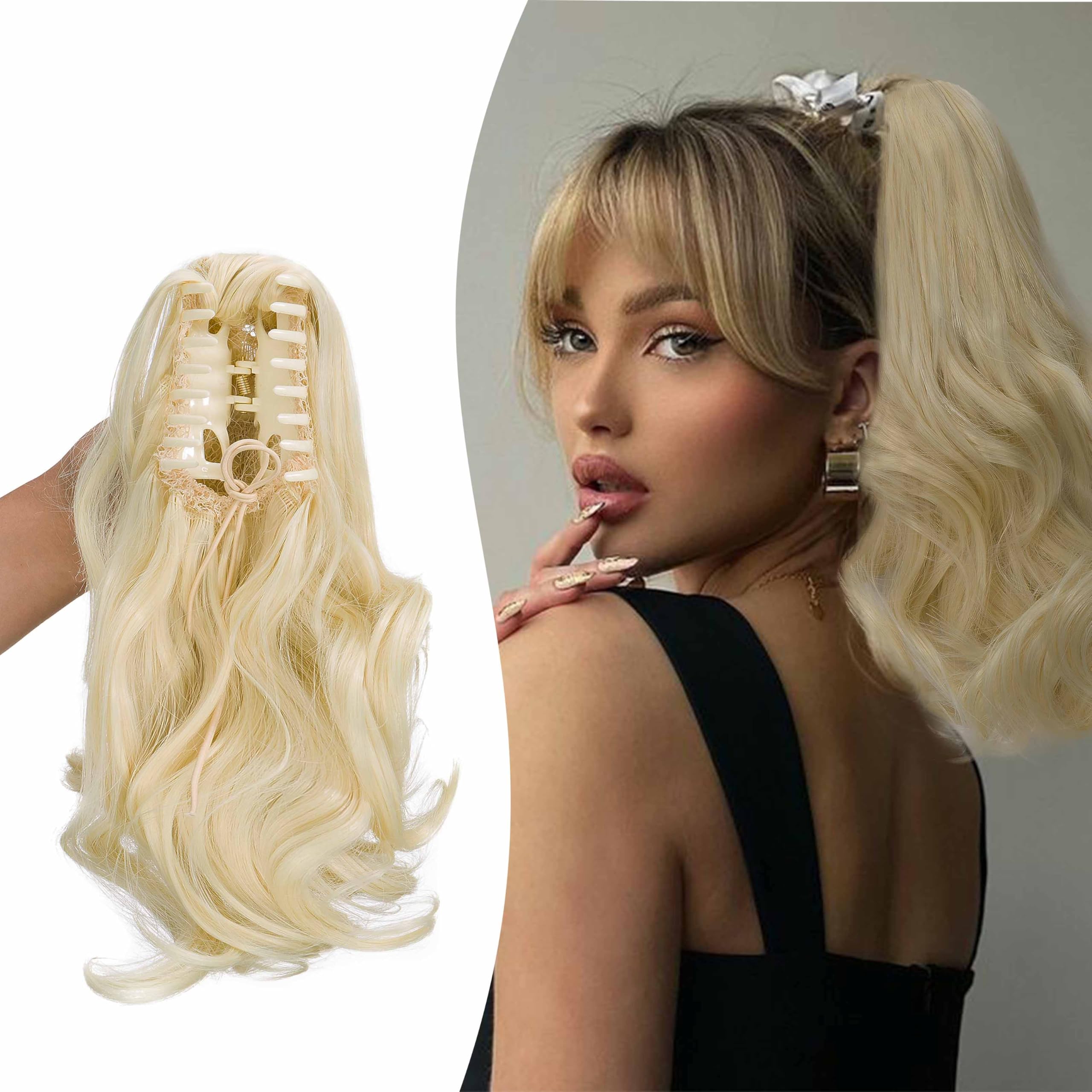 Gairyan 10" Clip in Ponytail Hair Extensions Curly Ponytail Extension Claw on Pony tails Wavy Synthetic Hairpieces for Women Real Natural Short Wave, Bleach Blonde