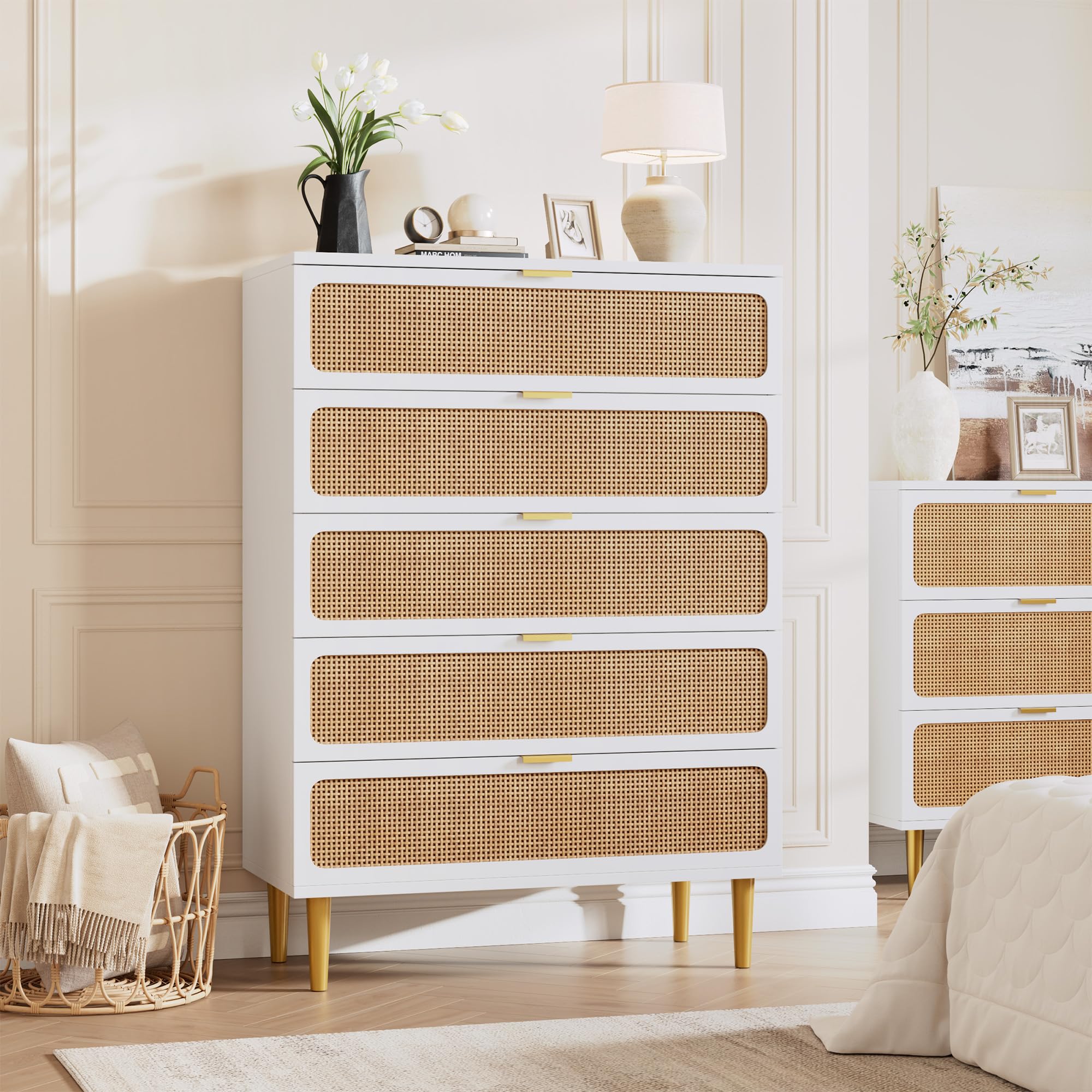 Photo 1 of ***similar item**GarveeHome Rattan 5 Drawer Dressers for Bedroom, Tall Dresser with Deep Drawers, Large Chest of Drawers for Closet with Wide Top, Long Wooden Dresser for Living Room, Hallway, Kids Room, color oak