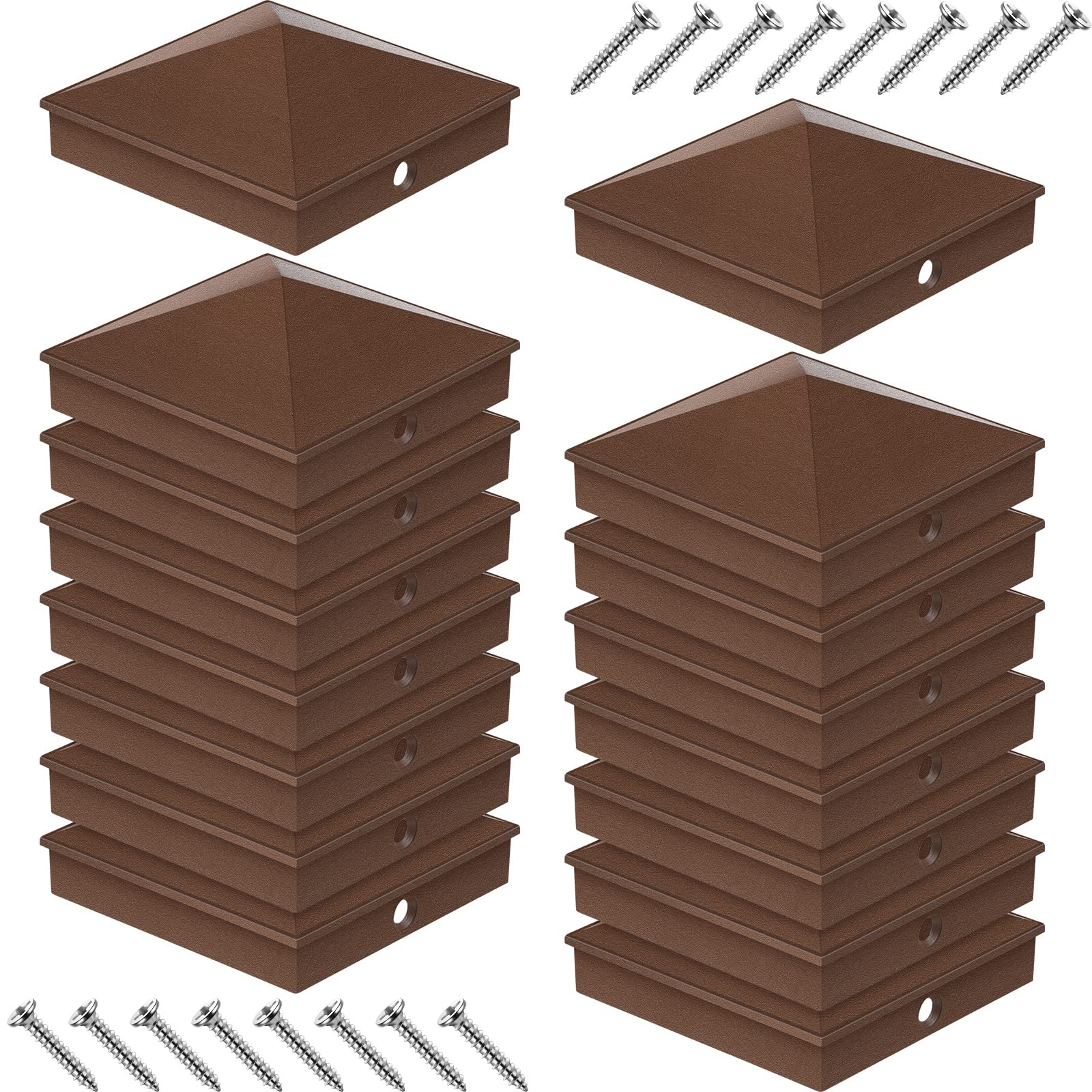 Photo 1 of Therwen 16 Pcs (Brown,for 4'' x 4'' Nominal,Actual 3.5'' x 3.5'') Fence Post Caps Aluminum Metal Pyramid Deck Post Top Cover for Wood Fence Deck Mailbox Patio Lamp Dock