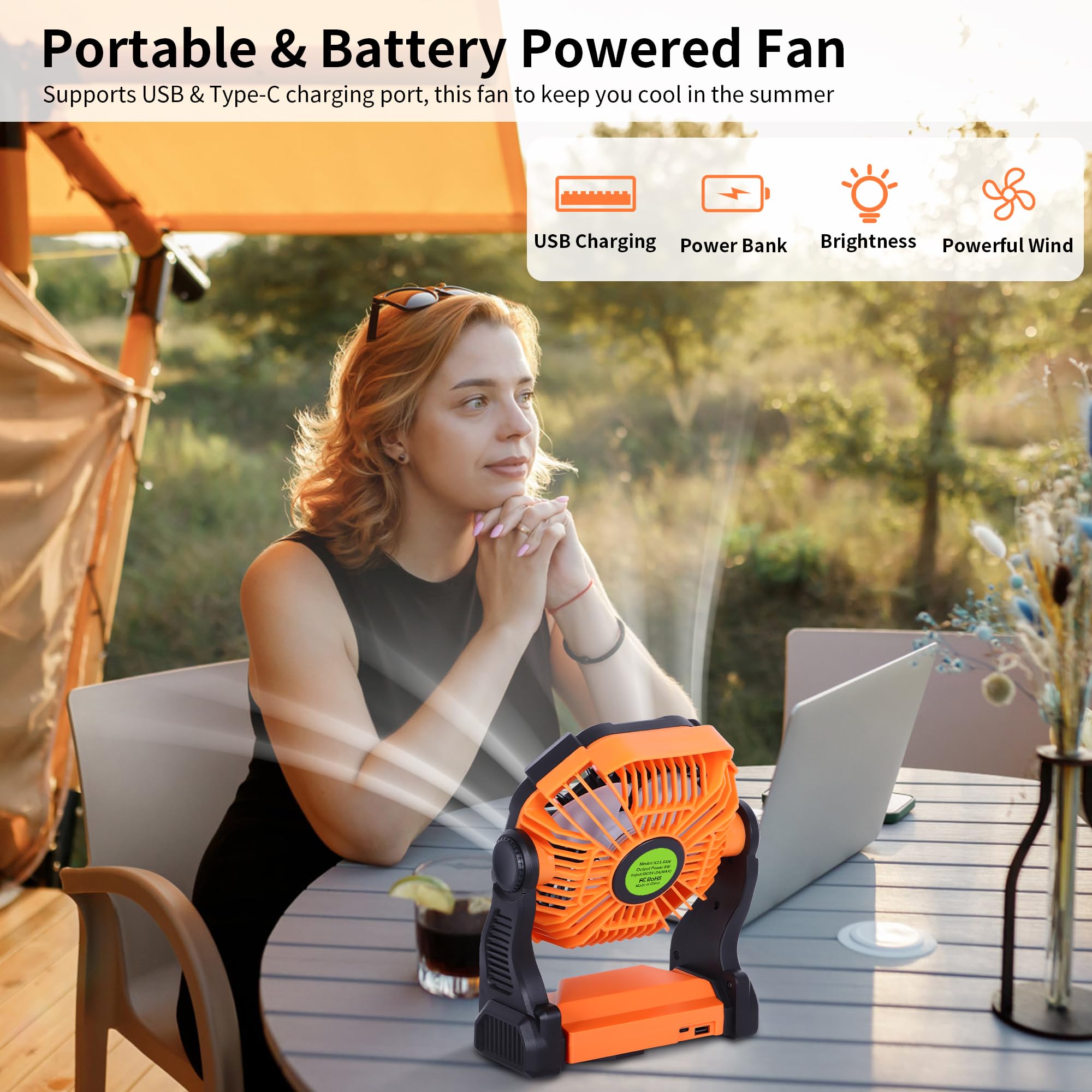 TDLOL Portable Fan Battery Powered Fan Rechargeable,270°Pivot Battery Operated Camping Fans with LED Light & Hook,USB Personal Rechargeable Outdoor Camping for Tent, Travel
