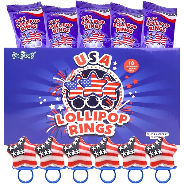 RED, WHITE AND BLUE CANDY, AMERICAN FLAG STAR SUCKERS, 4TH OF JULY TREATS, INDIVIDUALLY WRAPPED LOLLIPOPS (RING)