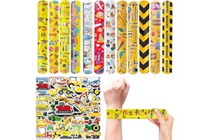CZWXOXO 74Pcs Engineering Vehicle Theme Party Favors Contain 24 Pcs Engineering Vehicle Slap Bracelets 50Pcs Engineering Stickers, Birthday Party Decorations,Classroom Rewards Supplies.