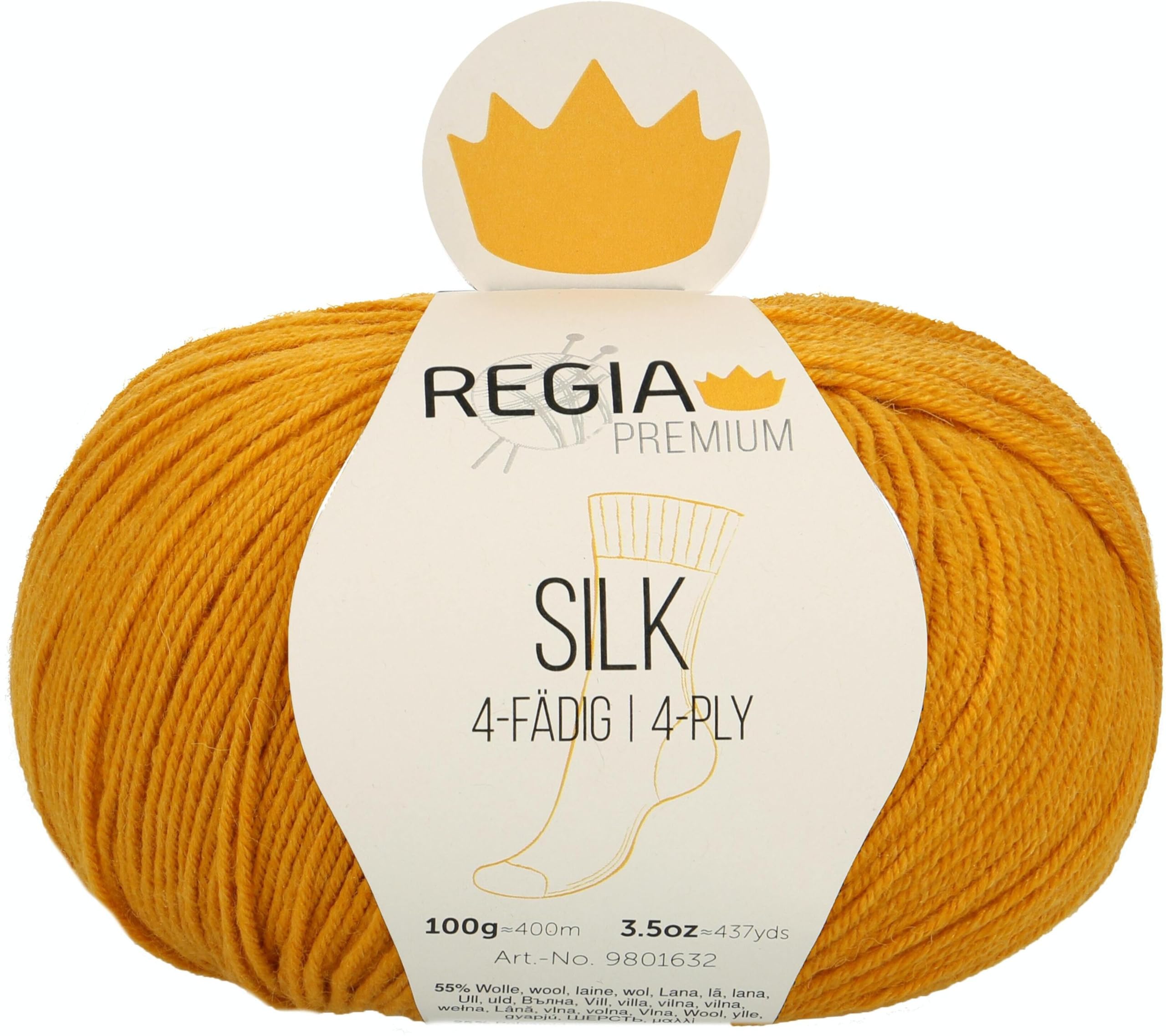 REGIA Premium Silk 9801632-00025 Gold Hand Knitting Yarn, Sock Yarn, 100 g Ball