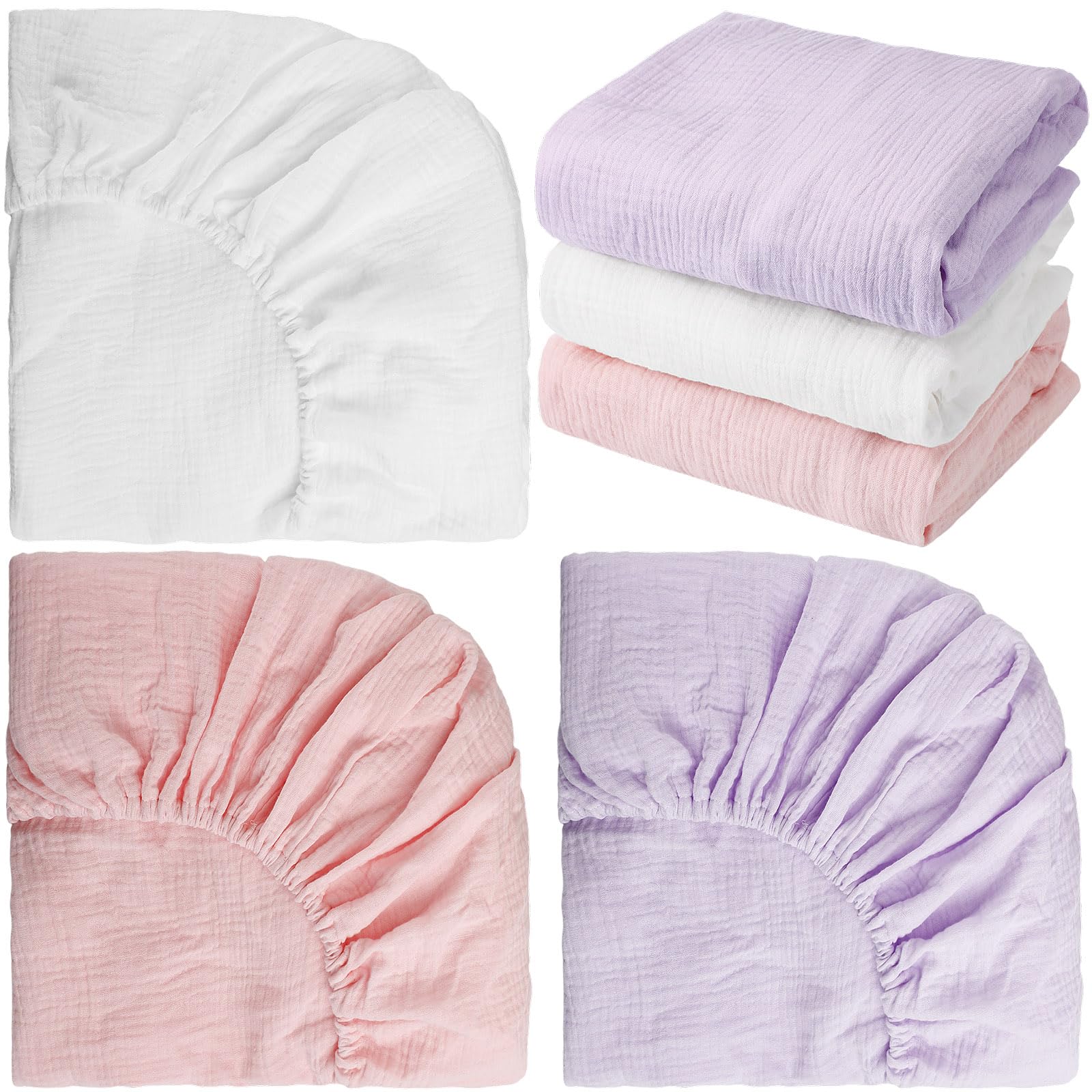 Photo 1 of Newwiee 3 Pcs Muslin Crib Sheets for Girls and Boys 24'' x 38'' Cotton Soft Fitted Baby Bed Sheets for Crib Mattress(Graceful)