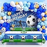 Soccer Birthday Party Decorations 116Ppcs 16Ft Blue Balloons Arch Kit Backdrop Cake Topper Tablecloth for Men Boys Soccer Theme Birthday Party Supplies