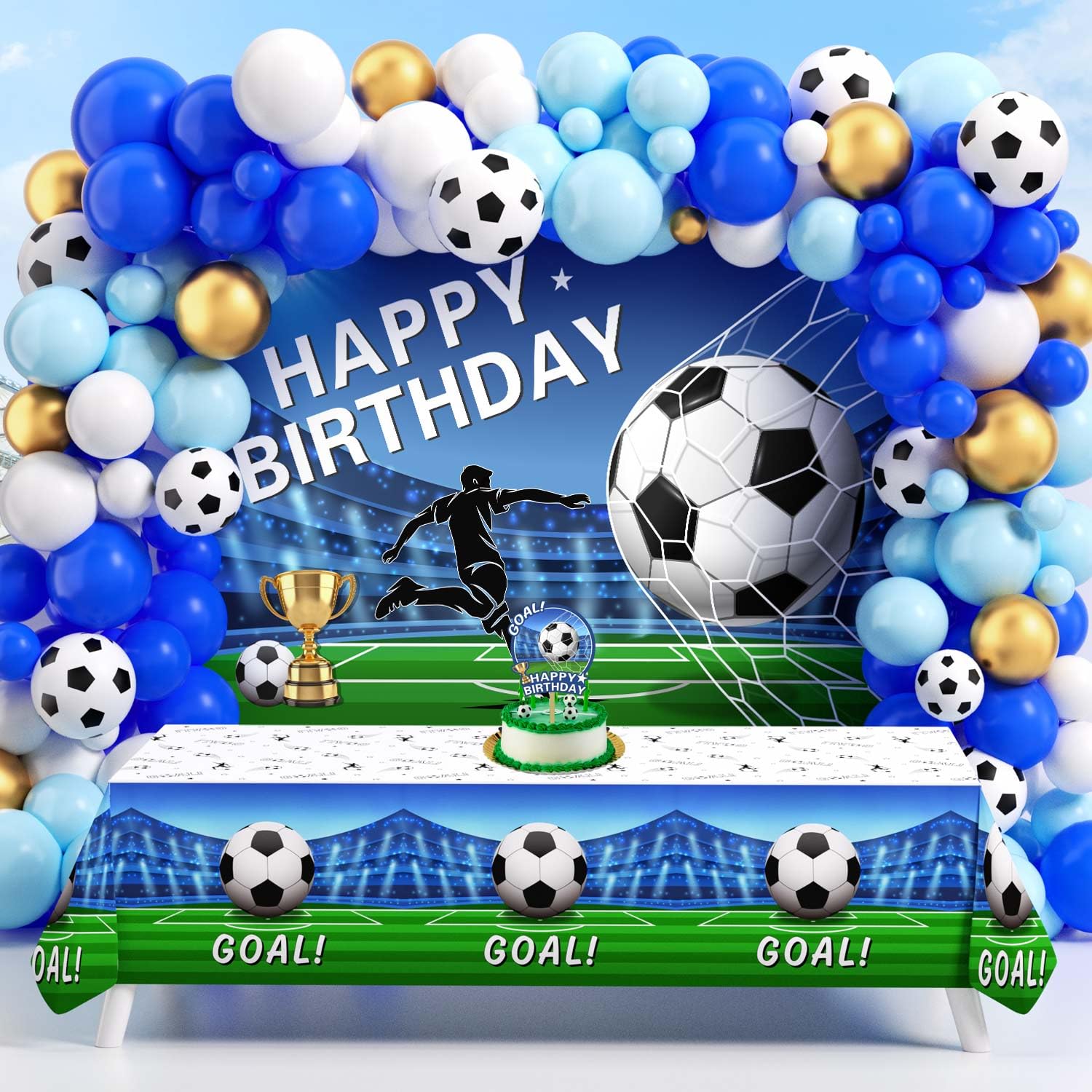 Photo 1 of Soccer Birthday Party Decorations 116Ppcs 16Ft Blue Balloons Arch Kit Backdrop Cake Topper Tablecloth for Men Boys Soccer Theme Birthday Party Supplies