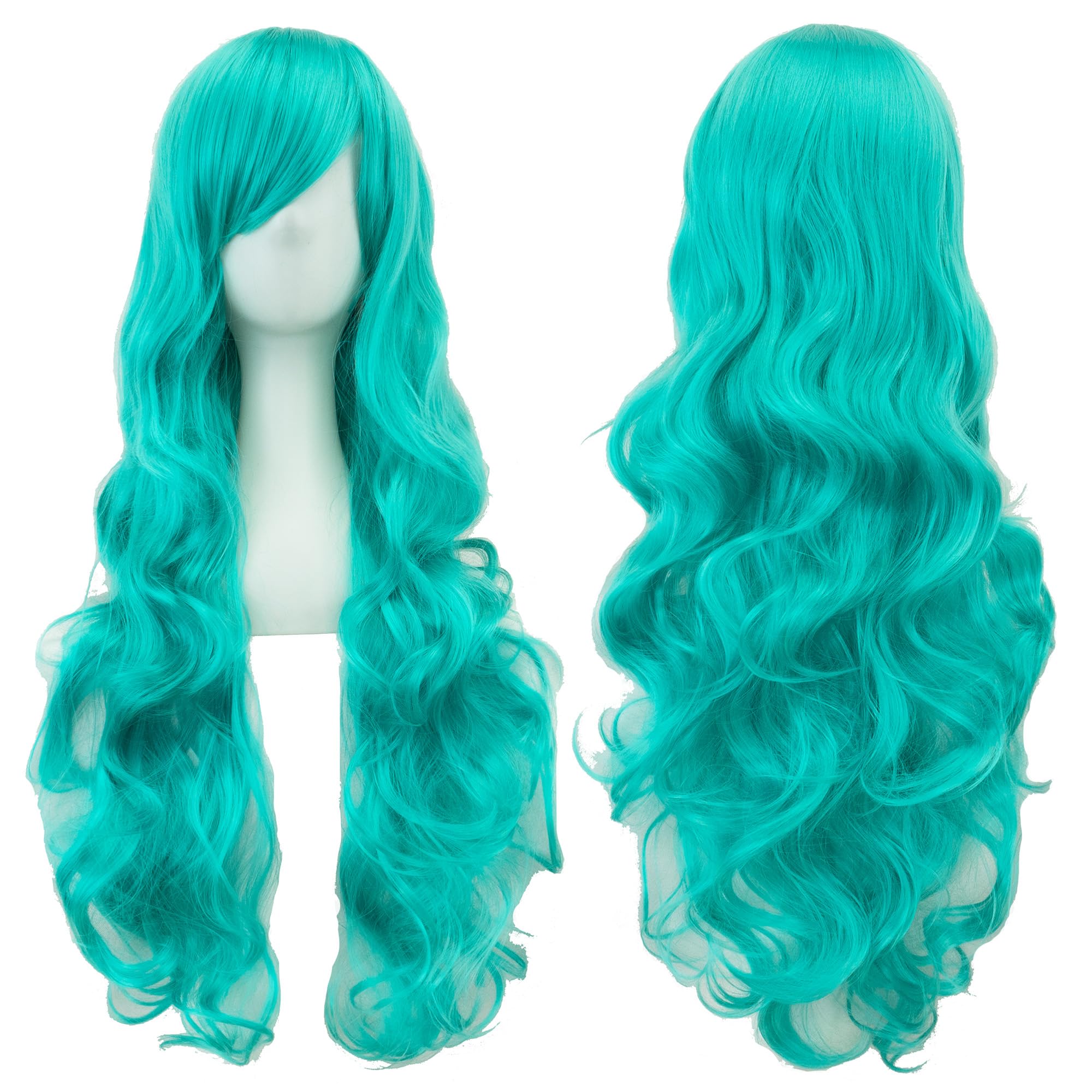 IMISSU 80cm Long Curly Natural Hair Cosplay Wig with Bangs Colorful Halloween Costume Party Wigs for Women (Lake Blue)