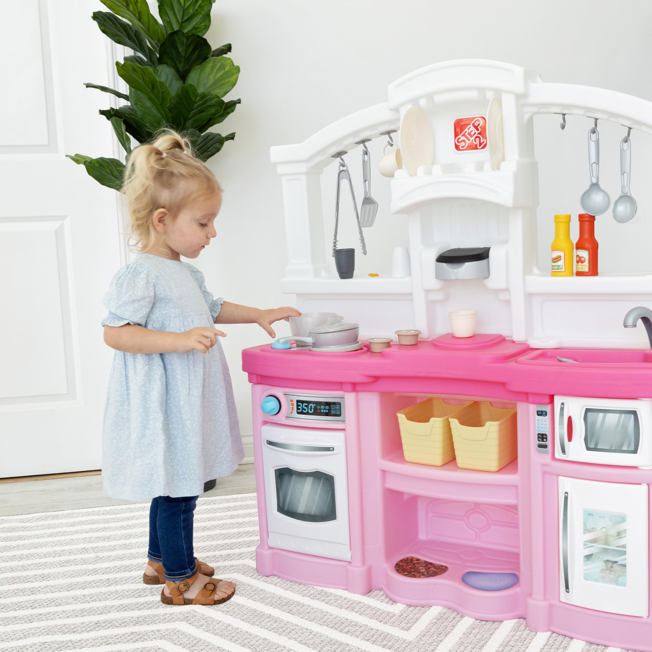 Step2 Fun with Friends Kids Kitchen Playset, Indoor/Outdoor Kitchenette, Interactive Play with Lights and Sounds, Durable Plastic, Includes 25 Piece Toy Accessories, Toddlers 2+ Years Old, Pink