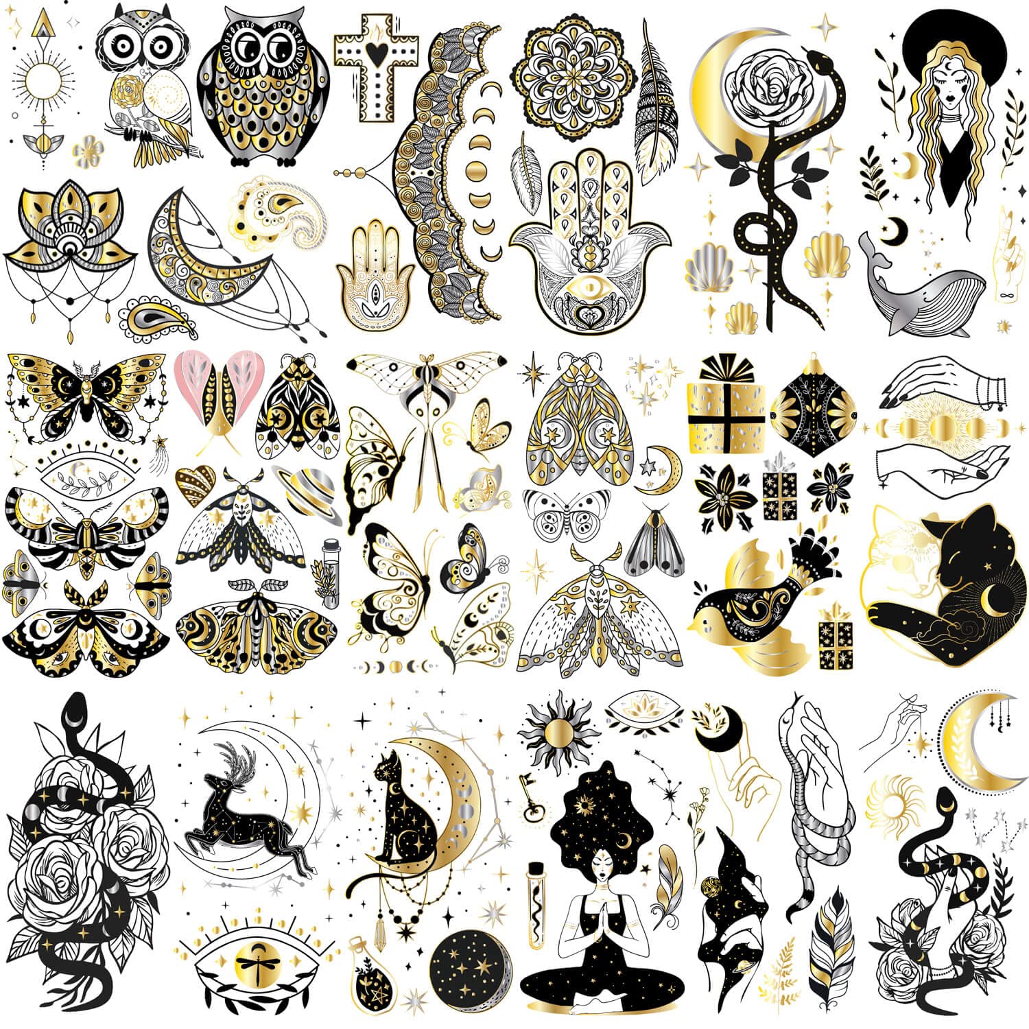 Glaryyears Metallic Gold Temporary Tattoo, 18-Pack Long-lasting Fake Tattoos, Small Size Variety Pack Realistic Tattoos, Bright Shiny Designs for Women Adults Men, Makeup on Face Body Hand Arm Neck