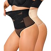 KUMAYES Tummy Control Shapewear Thong for Women - High Waisted Thong Compression Underwear Body Shaper Girdle Panty 2 Pack