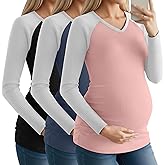 Velvelhall 3 Pack Women's Maternity Shirts, Raglan Long Sleeve V Neck Cotton Maternity Tops Side Ruched Pregnant Clothes