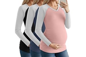 Velvelhall 3 Pack Women's Maternity Shirts, Raglan Long Sleeve V Neck Cotton Maternity Tops Side Ruched Pregnant Clothes