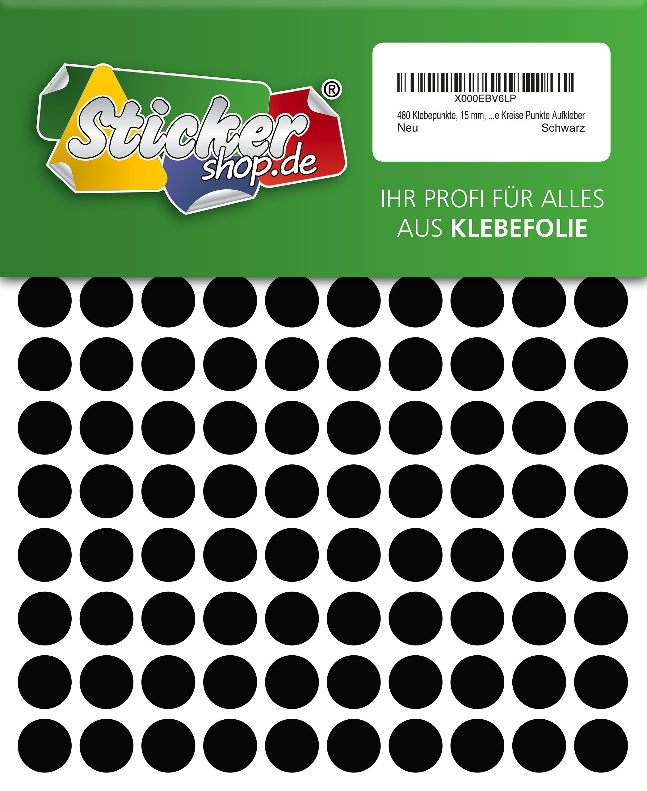 Sticky dots, 0.6”, black, PVC-film, weatherproof, coding dots, circles, dots stickers, 480pcs