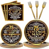 Wiooffen 96 Pcs Vintage 75th Party Tableware Set Back in 1951 75th Theme Birthday Party Table Decoration Supplies Cheers to 75 Years Paper Plate Napkin Fork 24 Guests for Men