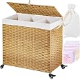 Large 130L Laundry Hamper With Wheels & Lid - 3 Sections, Removable Liners & 5 Mesh Bags, Natural Weave - View #12