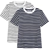 YIZUO ALTER Women's Striped Shirt Basic Short Sleeved Round Neck Striped T-Shirt, Casual Summer Clothing，2 Pack