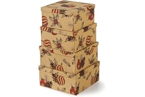 Soul & Lane Christmas Kraft Square Decorative Boxes with Lids - Set of 4 - Retro Cozy Christmas, Reusable Large Nesting Holiday Gift Boxes for Presents and Décor