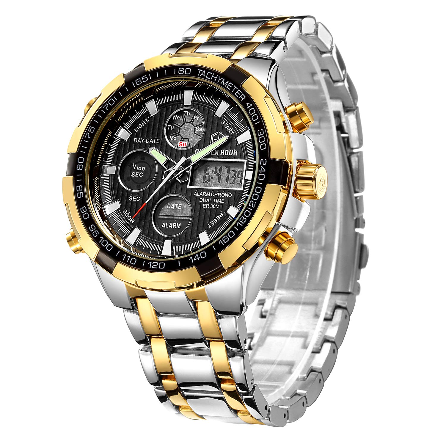 Affute Luxury Fashion Mens Watches Stainless Steel Heavy Sport Chronograph Waterproof Date Alarm Multifunction Analog Digital Watch