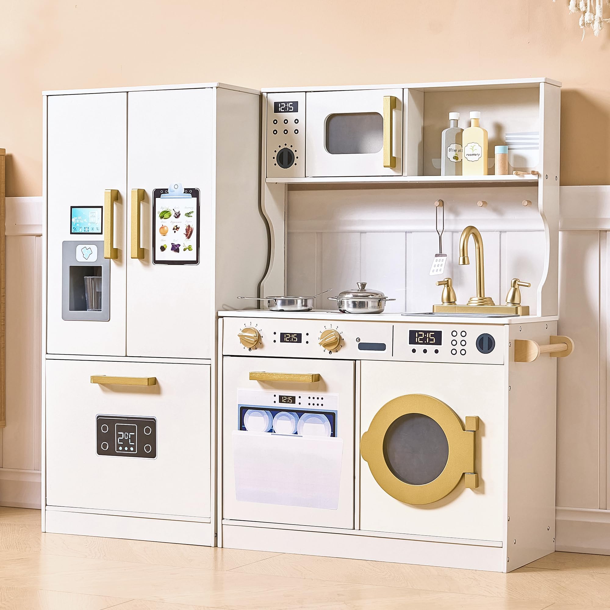 Photo 1 of Kids Kitchen Playset with Realistic Design, Luxury Play Kitchen with Extended Storage Cabinets, Toy Kitchen for Toddlers with Coffee Counter, Cookware Accessories, Oven, Microwave (White)