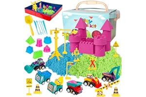 ThinkMax Sand Kit for Kids, 3lbs Sand, 6 Mini Construction Trucks, Construction Toys and Signs, Castle Sand Molds Tools, Foldable Box and Storage Bin Tote, 43PCS Sand Set for Boys Grils