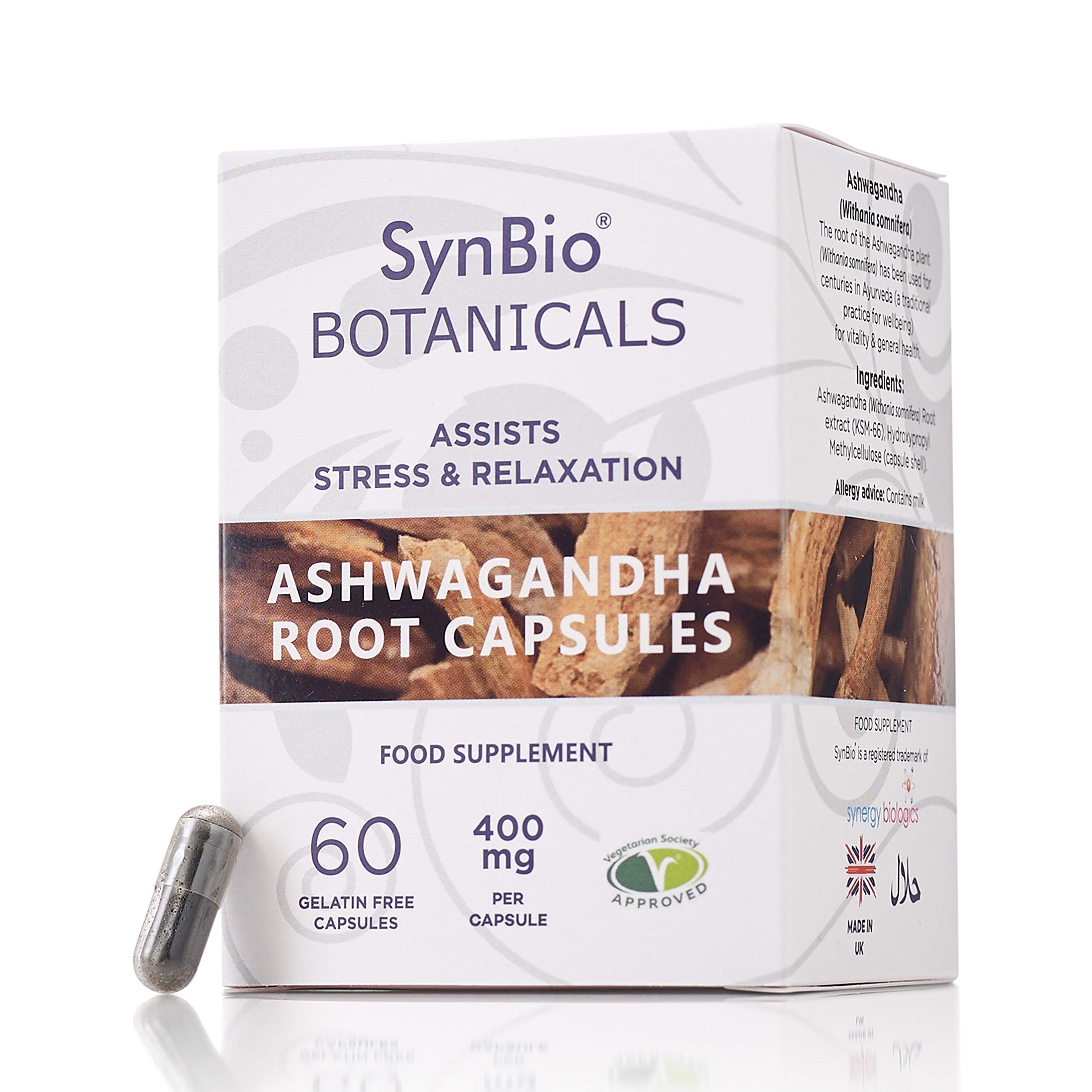 SynBio Botanicals - Ashwagandha KSM 66 400mg (Indian Ginseng) | 60 Capsules | Vegetarian | Made in The UK | Gluten Free | Salt Free | Nut Free | Halal | Supports Stress & Relaxation