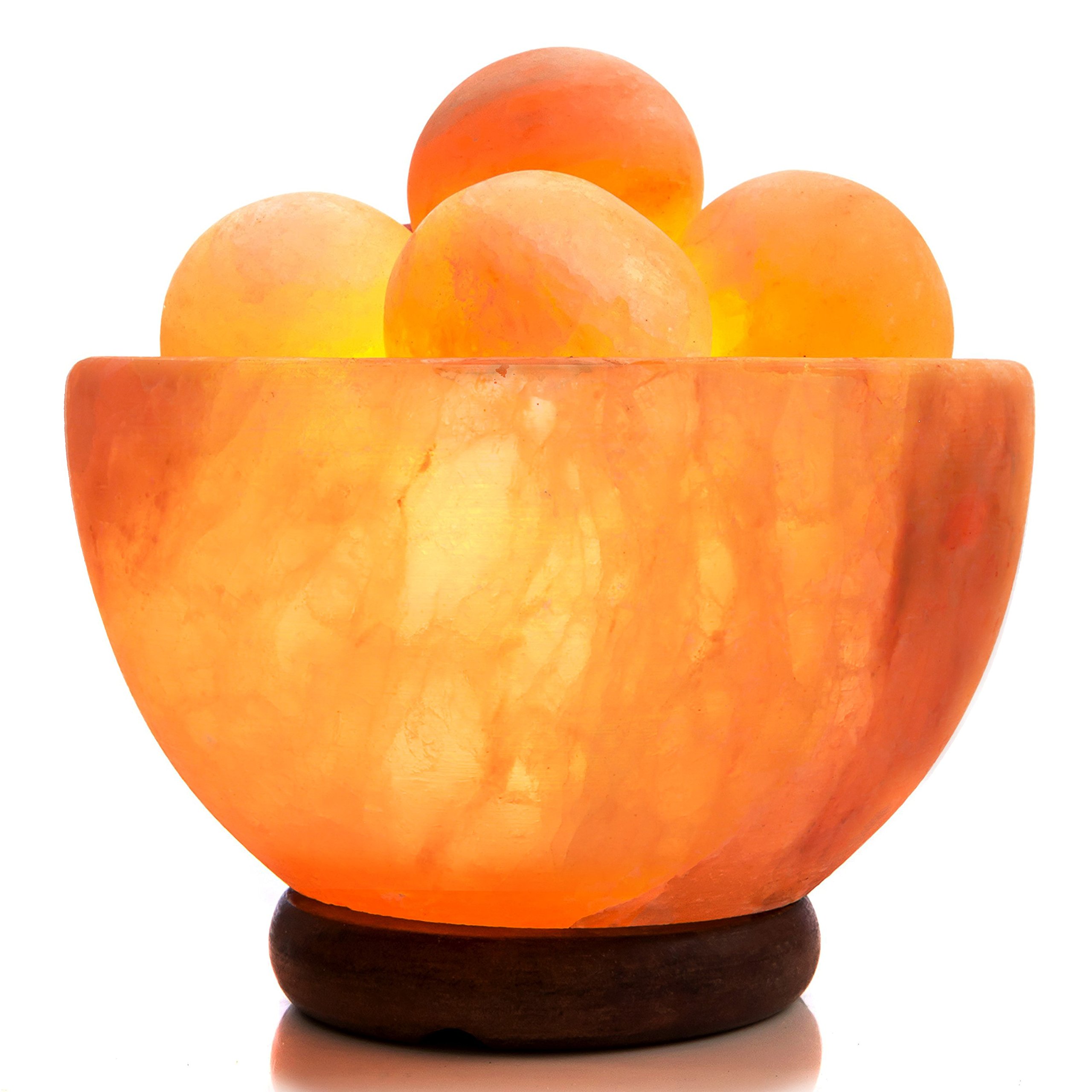 UMAID Natural Himalayan Rock Sea Salt Lamp Bowl with 6 Heated Salt Massage Balls, Stylish Wood Base, Bulb with Dimmable Switch UL-Listed Cord
