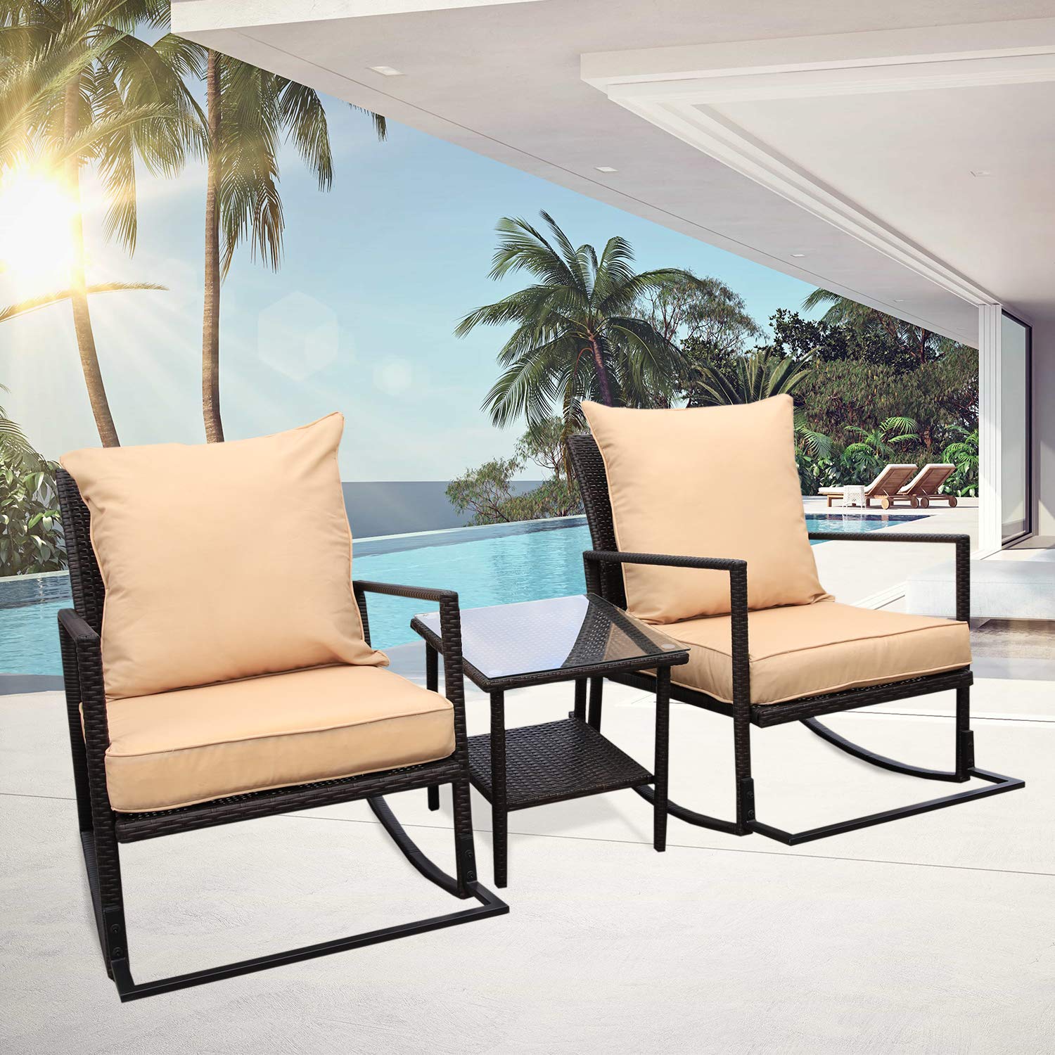 Yellow Cushion 2 Rocker Chair And Glass Coffee Side Table Rattaner Outdoor 3 Piece Wicker Rocking Chair Set Patio Bistro Set Conversation Furniture Bistro Sets