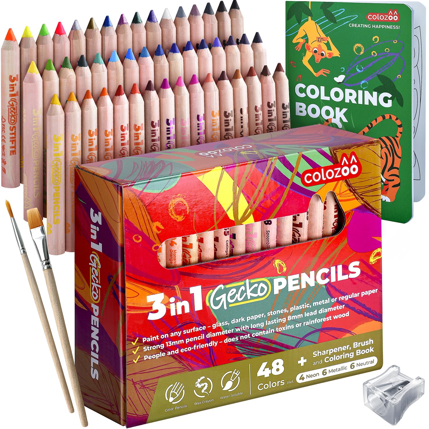 colozoo Gecko 3-in-1 Kids' Pencil Set | 48 Colouring Pencils with 2 Brushes, Sharpener, and Book for Ages 3 and Up | Ideal for Drawing and Colouring-Sets for Children