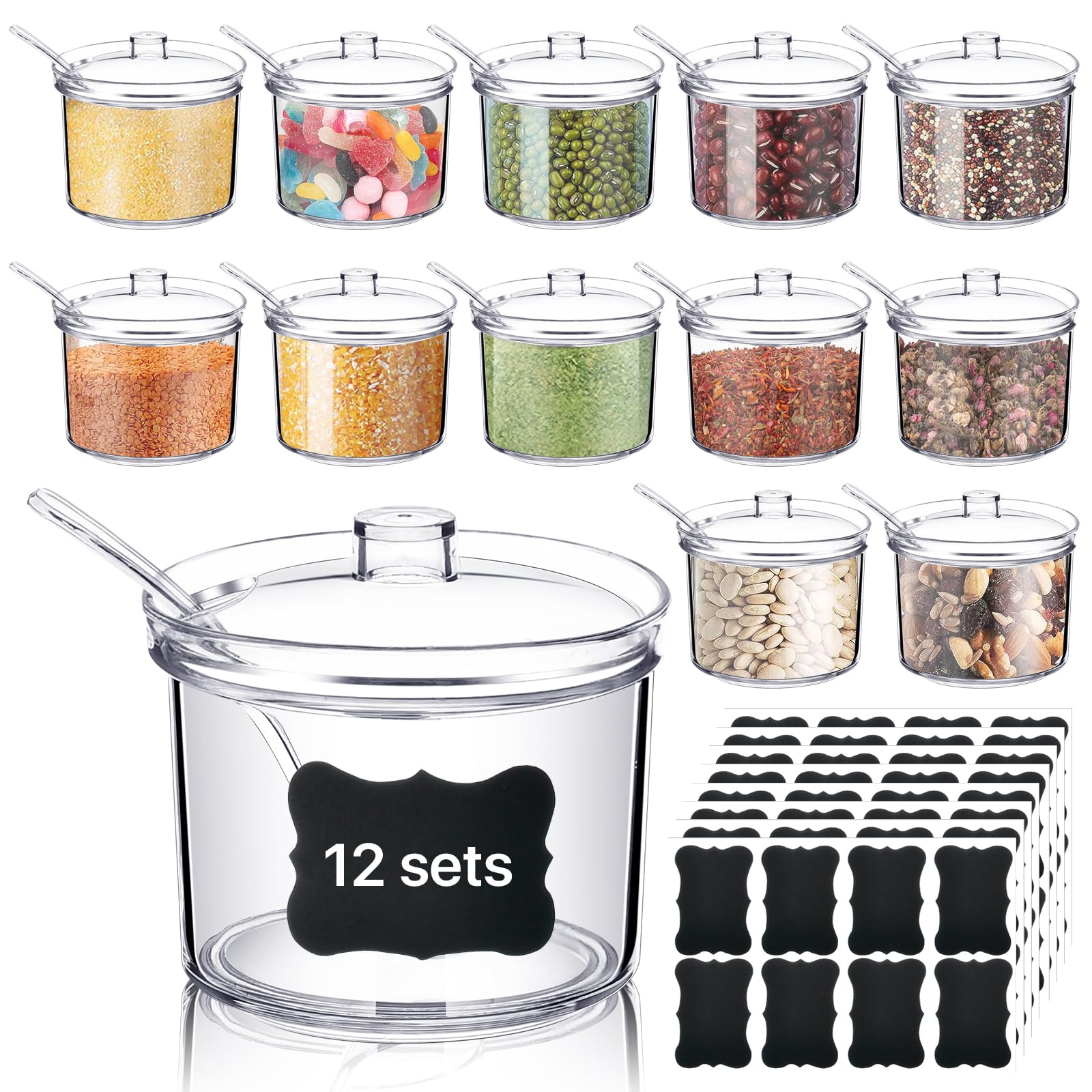 Photo 1 of Akamino 12 Pcs Acrylic Sugar Bowl with Lid and Spoon,7.1 Oz Clear Condiment Storage Pot,Sugar Jar Spices Container for Home Kitchen,Coffee Bar,Restaurant
