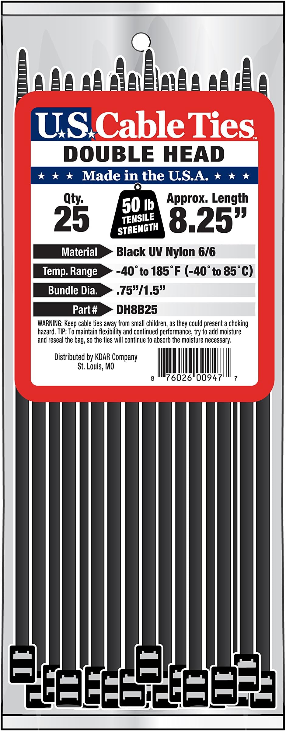 US Cable Ties DH8B25 8-Inch Double Head Ties, UV Black, 25-Pack