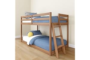 Grain & Grove Bear Twin Over Twin Bunk Bed, Low Bunk Bed Frame for Kids, Bunk with Ladder, Guardrail, and Slats, No Box Spring Required, Oak Embossed Pecan