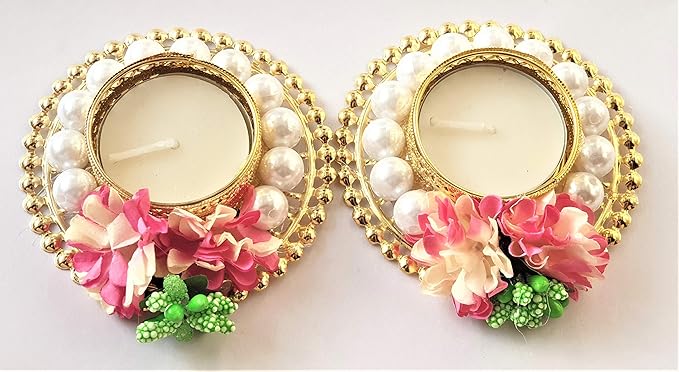 PRAHLL Metal Tea Light Diya/Candle Holder (Pink)