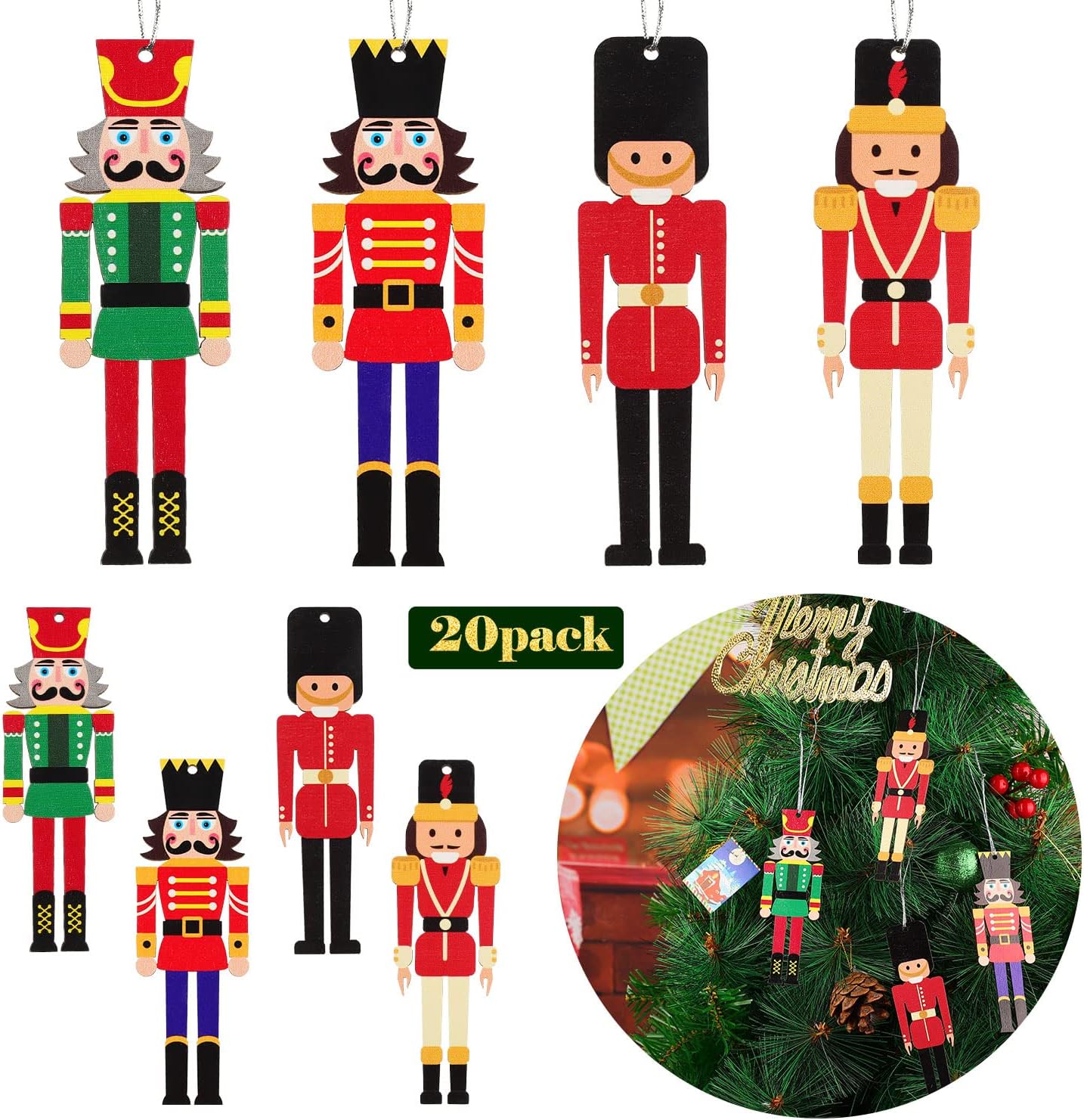 Nutcrackers - Jetec 20 Pieces Christmas Nutcracker Ornament Set Wooden Nutcracker Christmas Nutcrackers Hanging Ornament Figures Wooden King and Soldier Nutcracker for Christmas Party Supplies