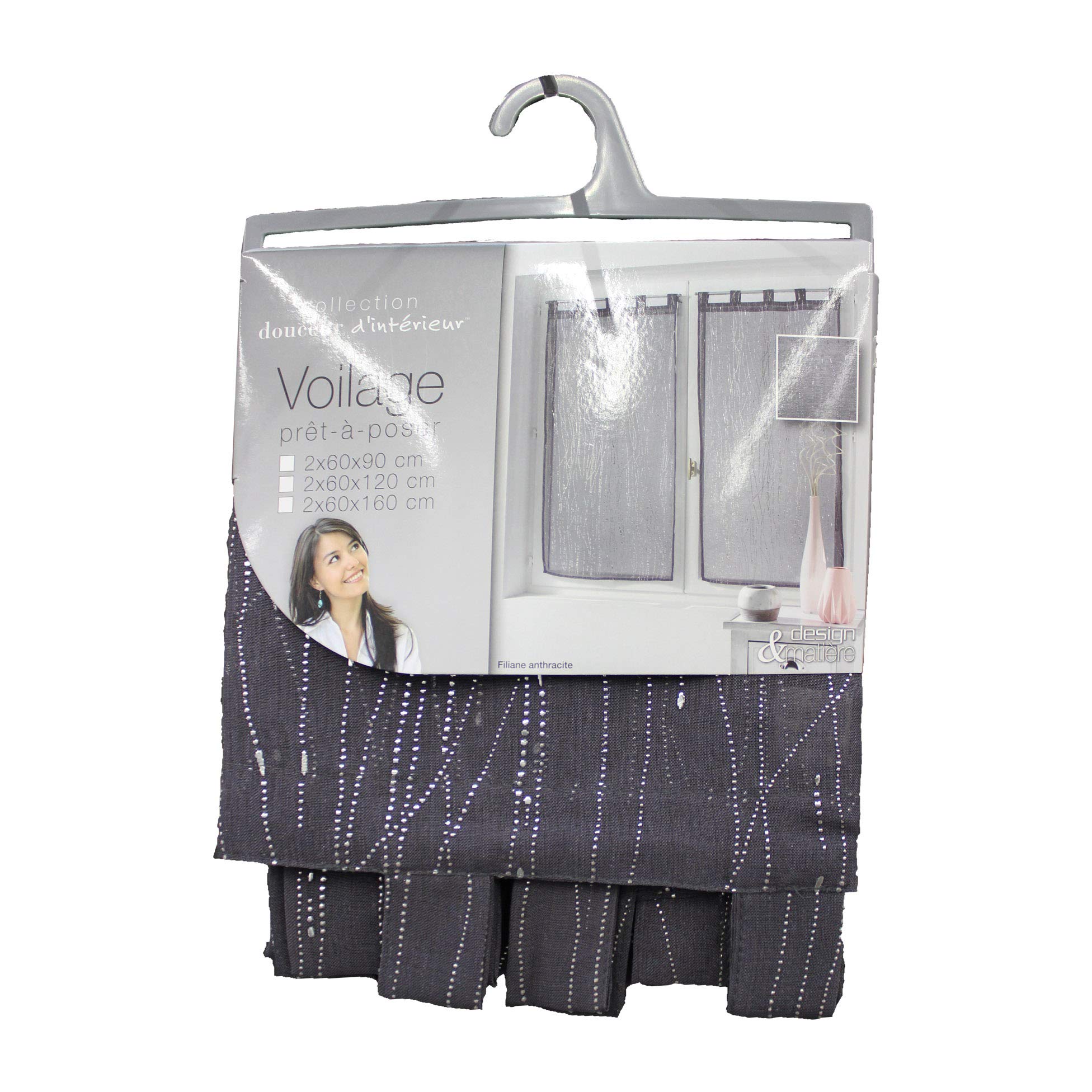 Douceur d'Intérieur, Pair of Tab Top Curtains (2 x 60 x 120 cm) Filiane Anthracite, Sandblasted Voile Applique, Lime Green