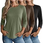 Ficerd 3 Pack 3/4 Sleeve Tops for Women Crew Neck Raglan Sleeve Basics Tees Loose Fit Casual Top Curved Hem Tunic T Shirt