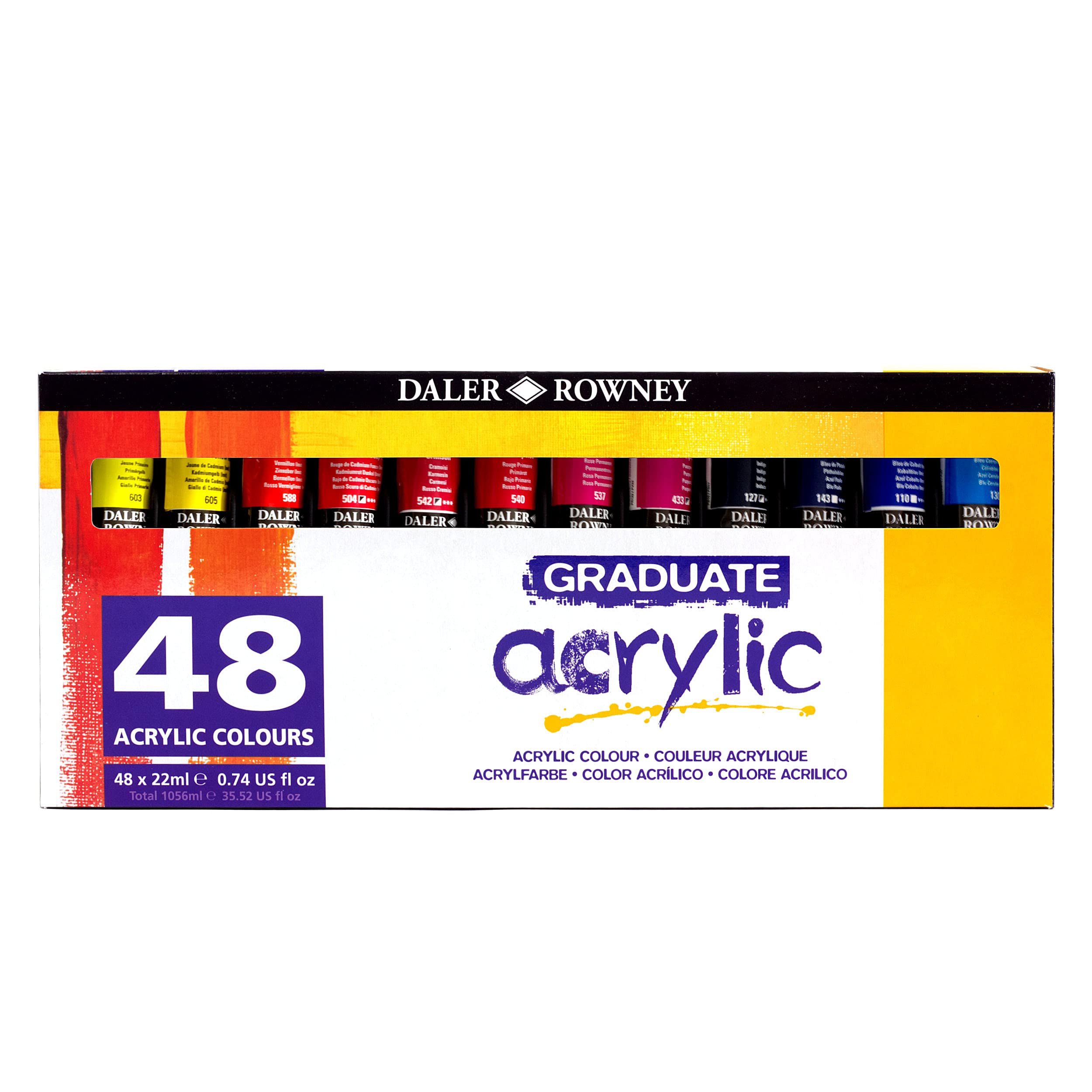 Daler-Rowney Graduate 22ml Acrylic Paint Set, 48 Assorted Colours, High Lightfastness, Water-Based, Solvent-Free, For Student Artists & Hobbyists