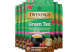 Twinings Green Tea with Pomegranate, Raspberry, & Strawberry Individually Wrapped Bags, 20 Count (Pack of 6), Caffeinated, Enjoy Hot or Iced, 120 Teabags