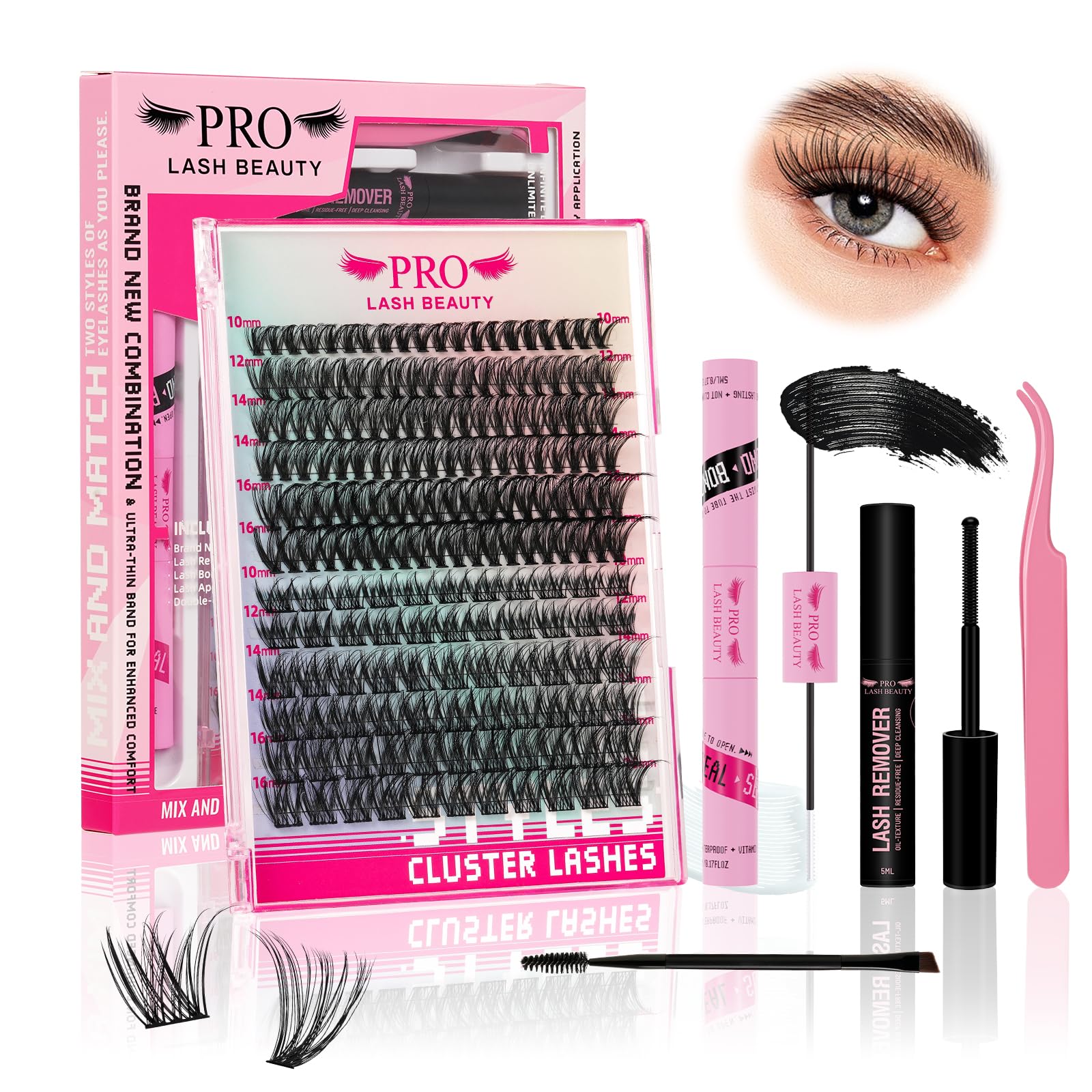186Pcs Lash Extension Kit 2 Styles Individual Eyelash Extension Lash Clusters with Lash Bond and Seal Lash Applicator Individual Lashes Kit Eyelash Brush (40D+Glisten-10-16mix Kit) — image 1
