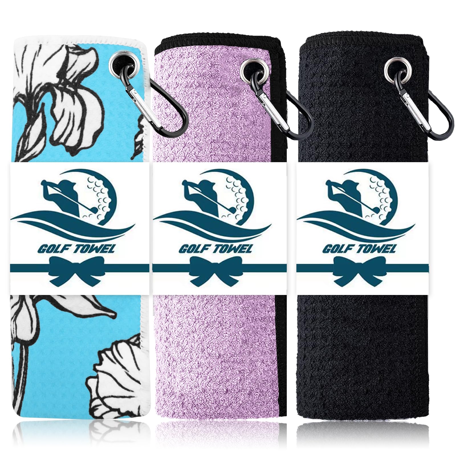 FINGER TEN 3 Pack Golf Towels Microfiber Waffle Pattern Tri-Fold 16“x16”with Heavy Duty Carabiner Clip, Golf Cleaning Towel Superior Water Absorption and Quick Dry (cyan+purple+dark)